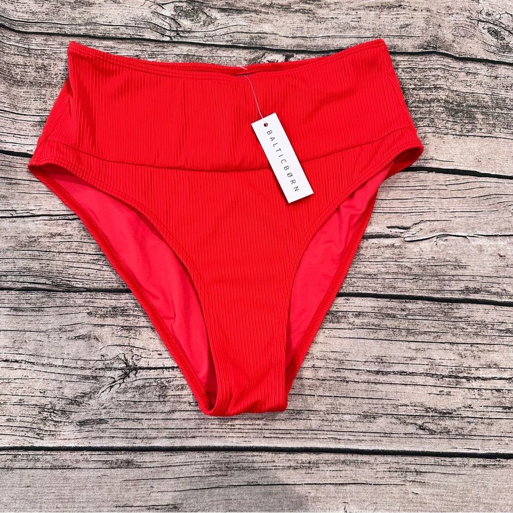 NWT High Waisted Baltic Born Bright Red  Ribbed Bikini Bottom Size medium